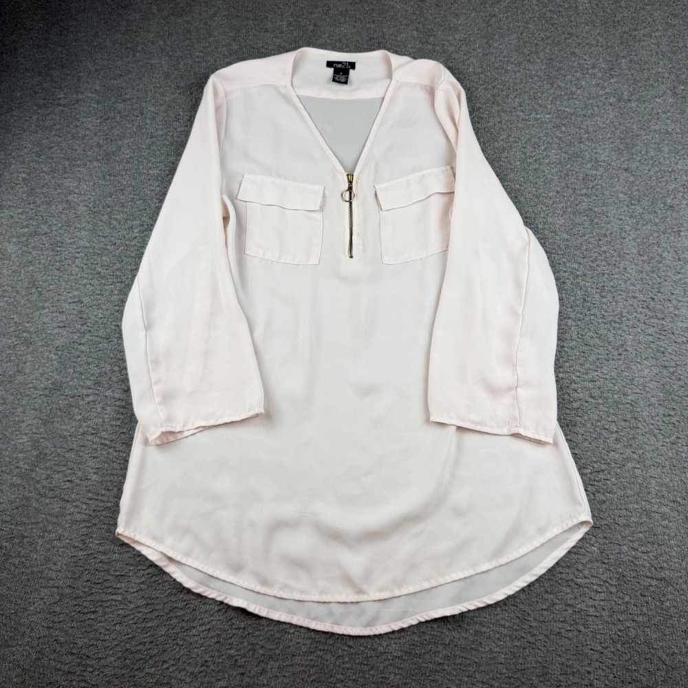 Rue21 Blouse Women's Small Pink Half Zip Roll Tab Sleeve Chiffon Tunic Top